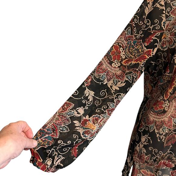 Bandolino Crochet SZ 14 Top Black Flower Tunic Boho Y2K Long Sleeve Pleated - Picture 3 of 10